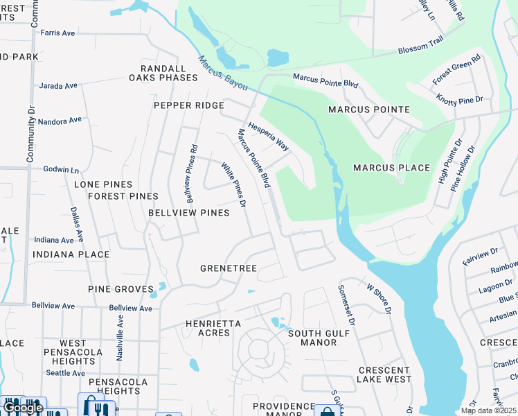 map of restaurants, bars, coffee shops, grocery stores, and more near 6600 Greenwell Street in Pensacola