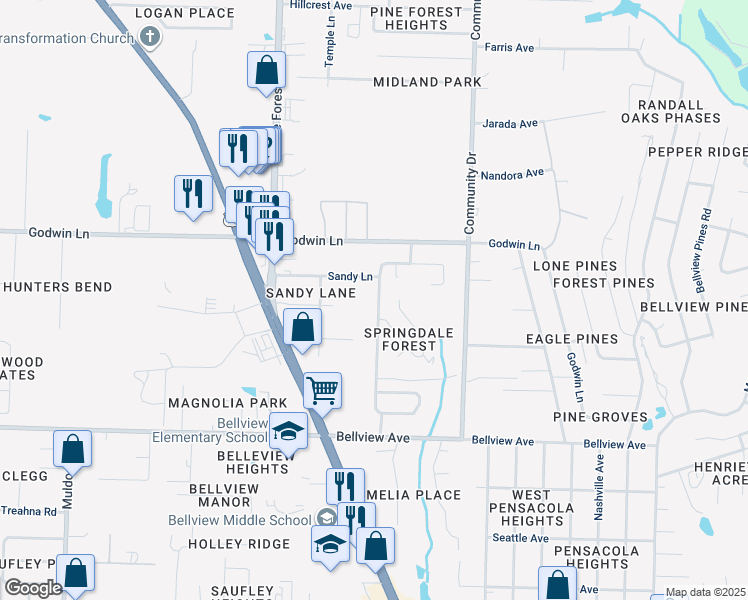 map of restaurants, bars, coffee shops, grocery stores, and more near 1095 Simpson Street in Pensacola