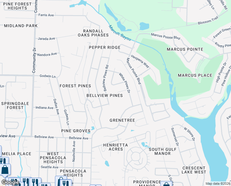 map of restaurants, bars, coffee shops, grocery stores, and more near 6644 Hertz Street in Pensacola