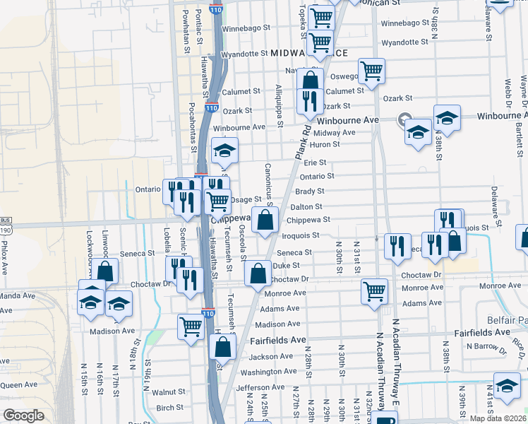 map of restaurants, bars, coffee shops, grocery stores, and more near 2494 Osage Street in Baton Rouge