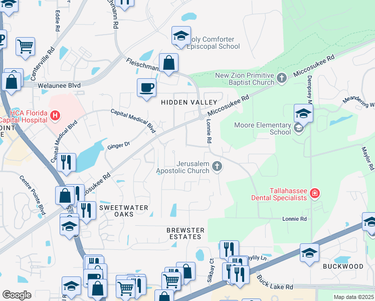 map of restaurants, bars, coffee shops, grocery stores, and more near 1771 Dax Court in Tallahassee