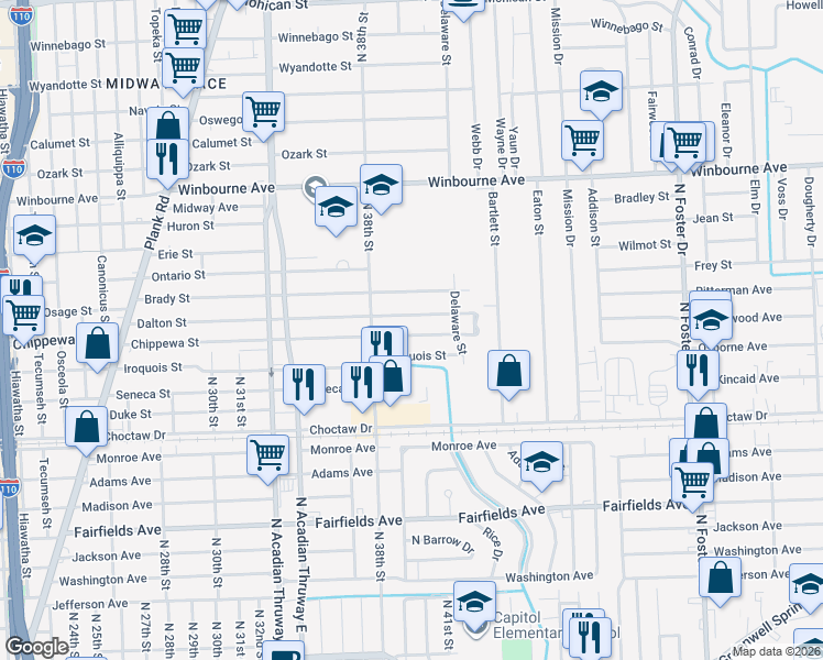 map of restaurants, bars, coffee shops, grocery stores, and more near 3948 Dalton Street in Baton Rouge