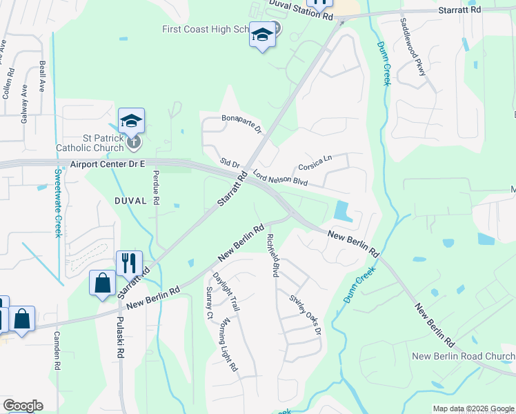 map of restaurants, bars, coffee shops, grocery stores, and more near 12747 Megan Jean Court in Jacksonville