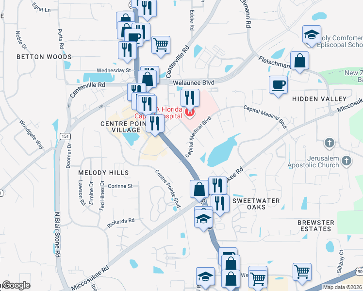 map of restaurants, bars, coffee shops, grocery stores, and more near 1913 Capital Circle Northeast in Tallahassee