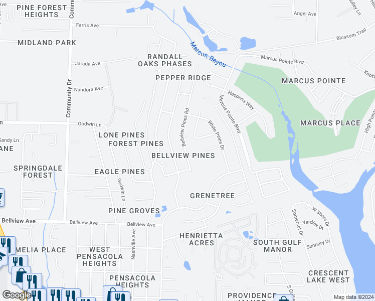 map of restaurants, bars, coffee shops, grocery stores, and more near 6532 Bellview Pines Road in Pensacola
