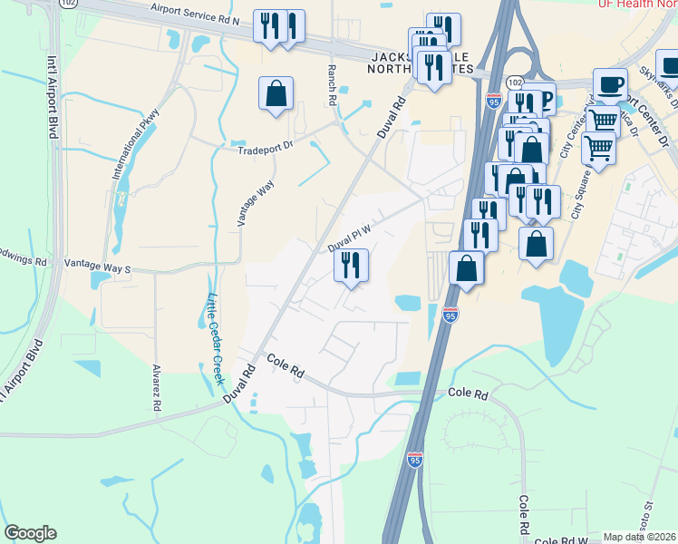 map of restaurants, bars, coffee shops, grocery stores, and more near 14200 Duval Road in Jacksonville