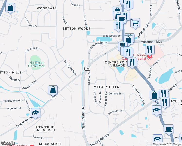 map of restaurants, bars, coffee shops, grocery stores, and more near 2049 Doomar Drive in Tallahassee