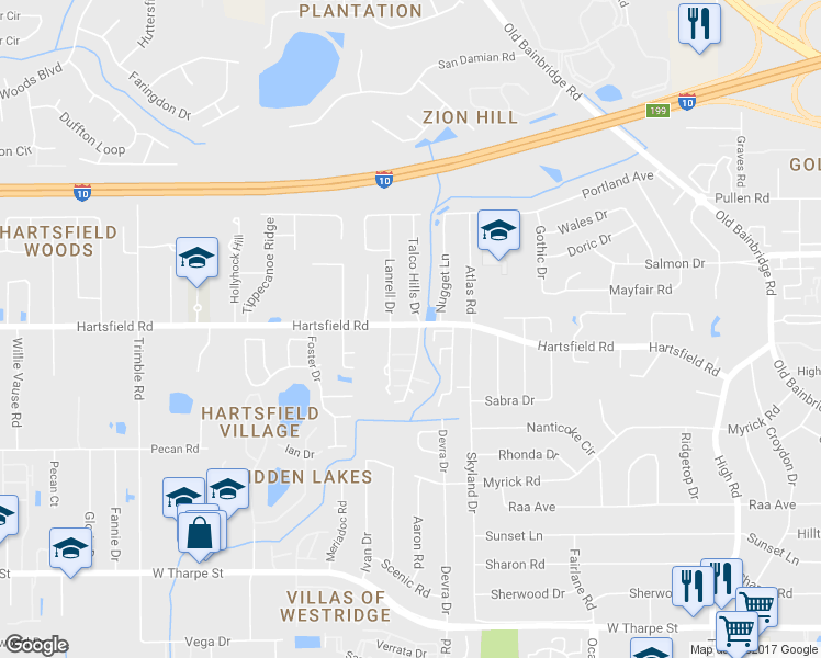 map of restaurants, bars, coffee shops, grocery stores, and more near 2402 Talco Hills Drive in Tallahassee