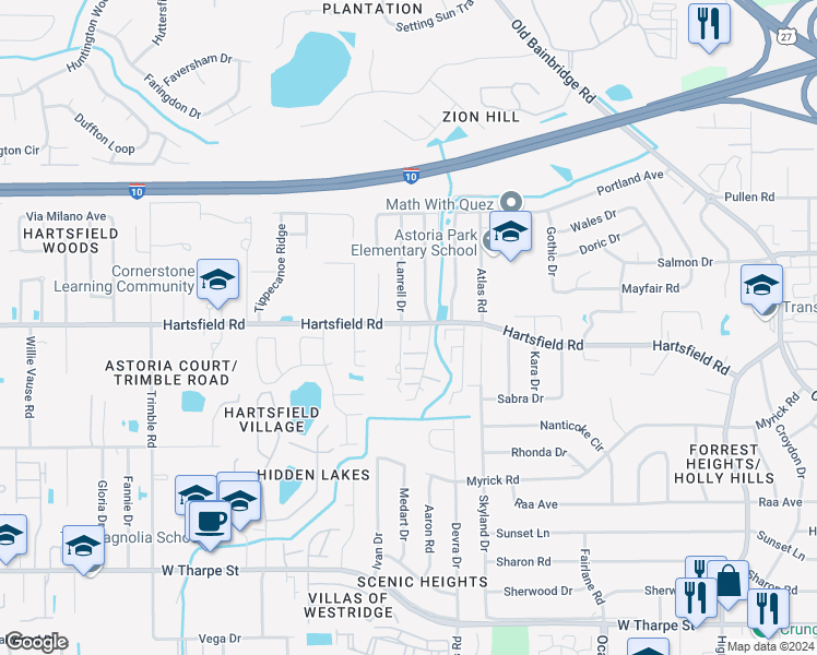 map of restaurants, bars, coffee shops, grocery stores, and more near 2402 Talco Hills Drive in Tallahassee