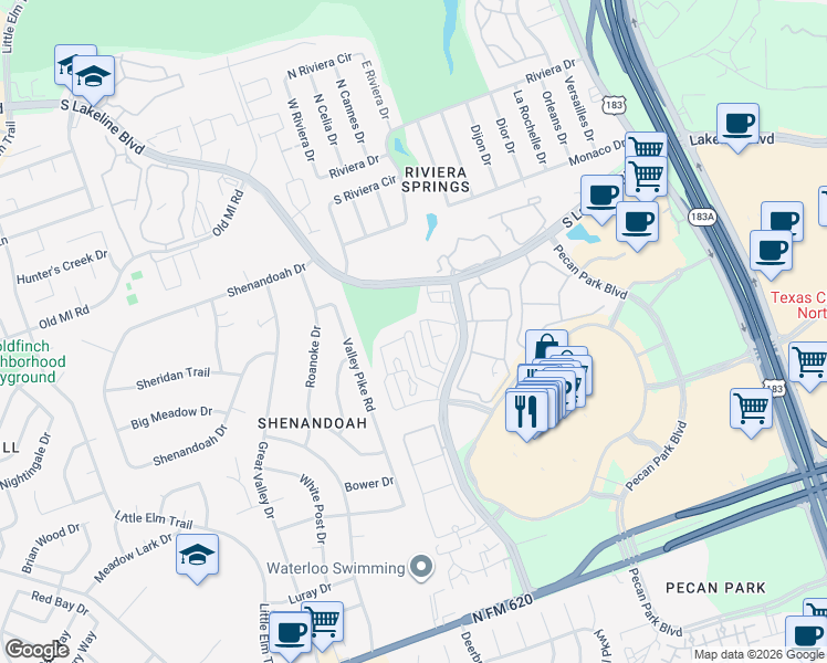 map of restaurants, bars, coffee shops, grocery stores, and more near 13010 Ridgeline Boulevard in Cedar Park