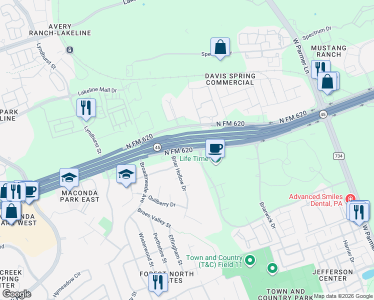 map of restaurants, bars, coffee shops, grocery stores, and more near 9575 North FM 620 in Austin