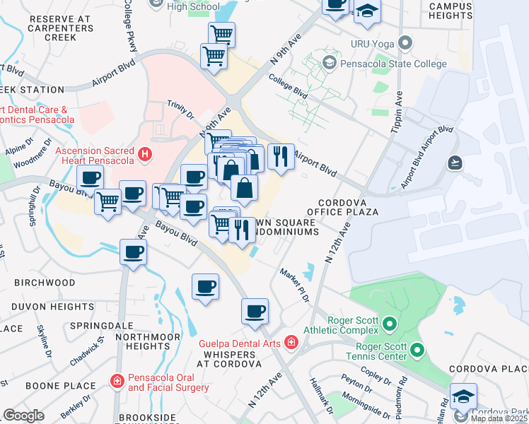 map of restaurants, bars, coffee shops, grocery stores, and more near 5480 North 9th Avenue in Pensacola