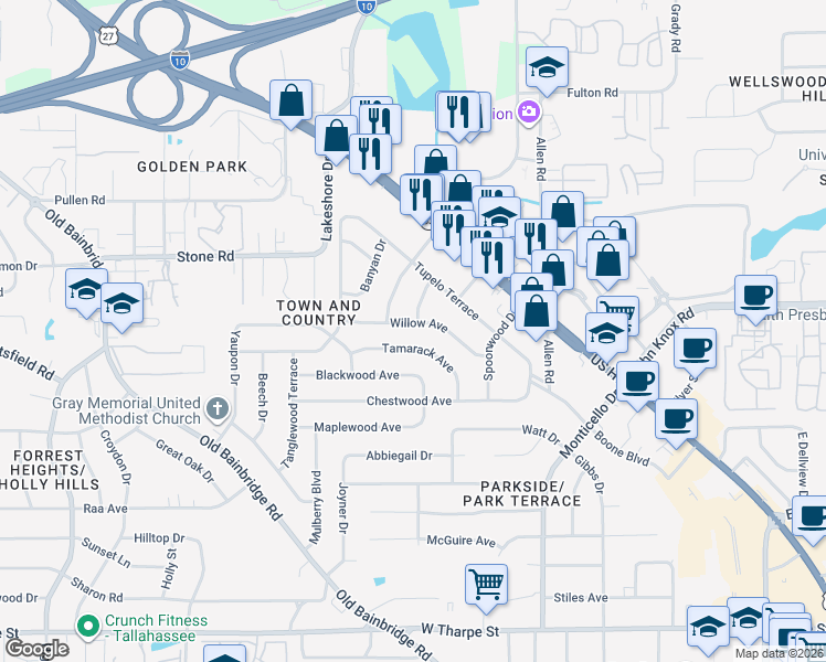 map of restaurants, bars, coffee shops, grocery stores, and more near 887 Willow Avenue in Tallahassee