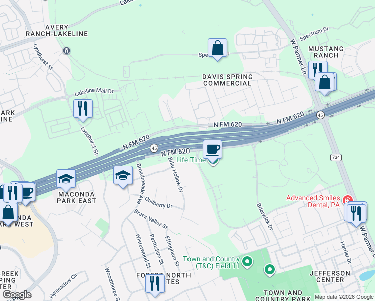 map of restaurants, bars, coffee shops, grocery stores, and more near 9575 North FM 620 in Austin