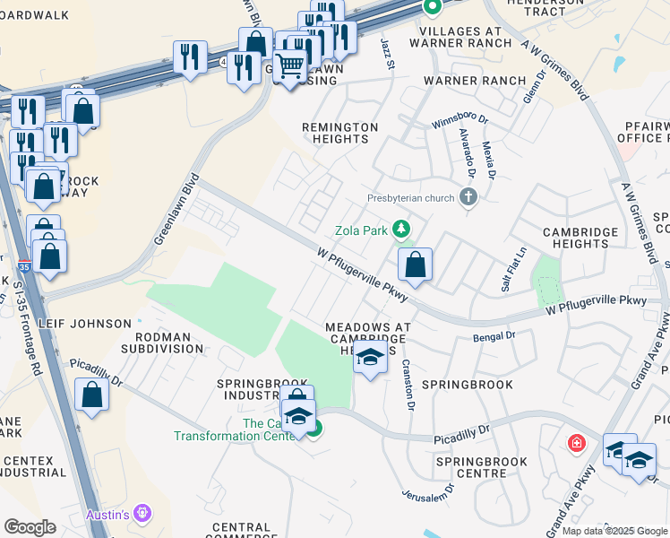 map of restaurants, bars, coffee shops, grocery stores, and more near 17116 Gibbons Path in Round Rock