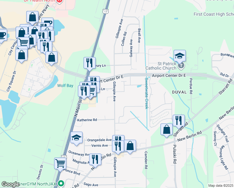 map of restaurants, bars, coffee shops, grocery stores, and more near 13043 Gillespie Avenue in Jacksonville