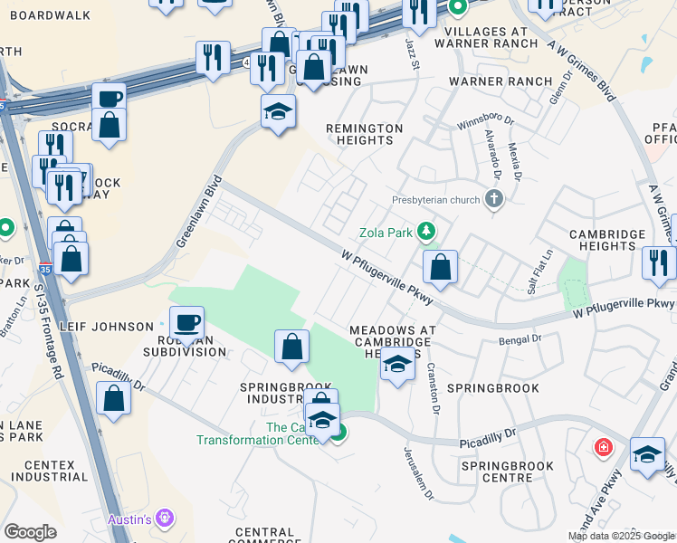 map of restaurants, bars, coffee shops, grocery stores, and more near 17116 Gibbons Path in Round Rock