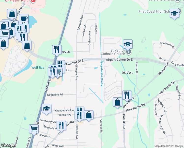 map of restaurants, bars, coffee shops, grocery stores, and more near 13129 Gillespie Avenue in Jacksonville