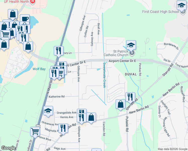 map of restaurants, bars, coffee shops, grocery stores, and more near 13129 Gillespie Avenue in Jacksonville
