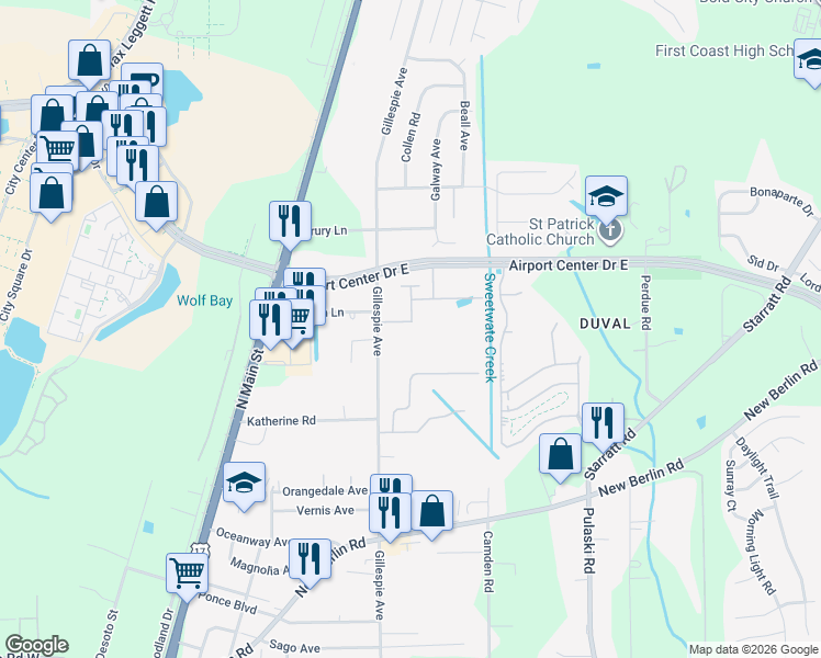 map of restaurants, bars, coffee shops, grocery stores, and more near 13043 Gillespie Avenue in Jacksonville