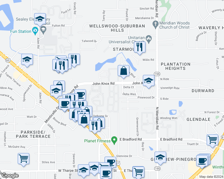 map of restaurants, bars, coffee shops, grocery stores, and more near 275 John Knox Road in Tallahassee