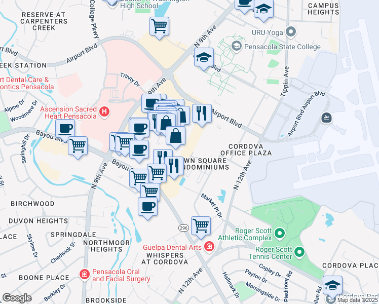 map of restaurants, bars, coffee shops, grocery stores, and more near 5480 North 9th Avenue in Pensacola