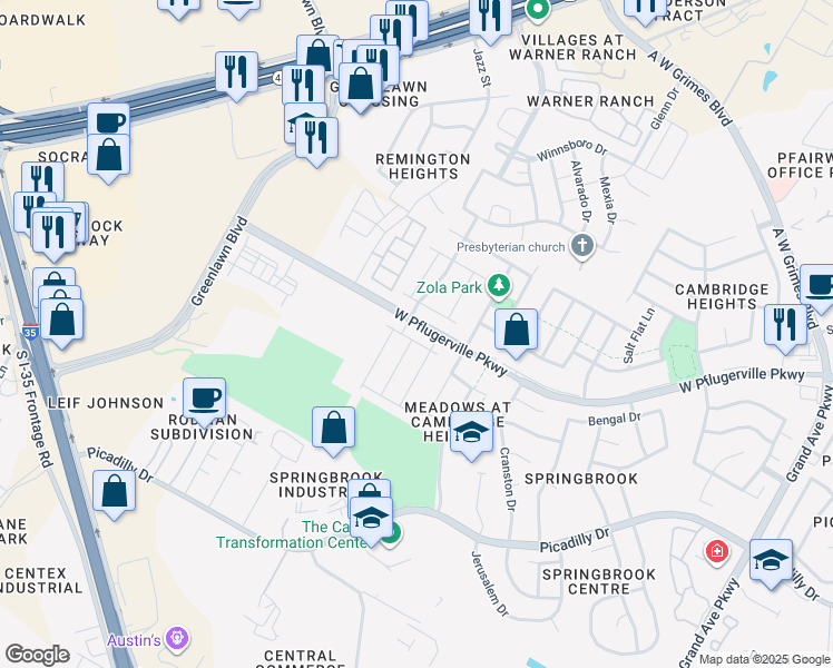 map of restaurants, bars, coffee shops, grocery stores, and more near 17116 Gibbons Path in Round Rock