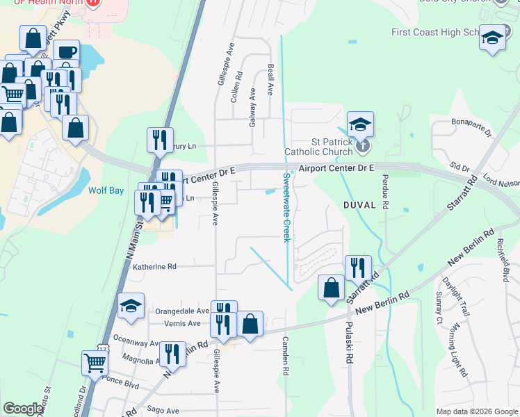 map of restaurants, bars, coffee shops, grocery stores, and more near 13129 Gillespie Avenue in Jacksonville