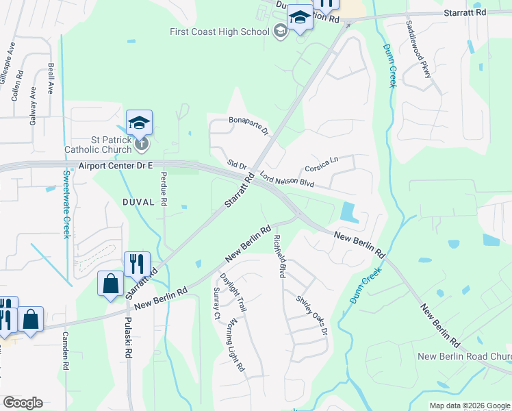 map of restaurants, bars, coffee shops, grocery stores, and more near 12762 Megan Jean Court in Jacksonville