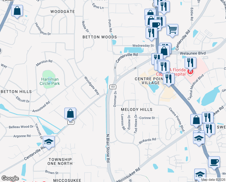 map of restaurants, bars, coffee shops, grocery stores, and more near 2049 Doomar Drive in Tallahassee