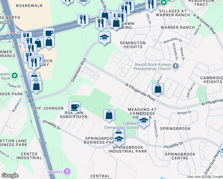 map of restaurants, bars, coffee shops, grocery stores, and more near 2209 West Pflugerville Parkway in Pflugerville