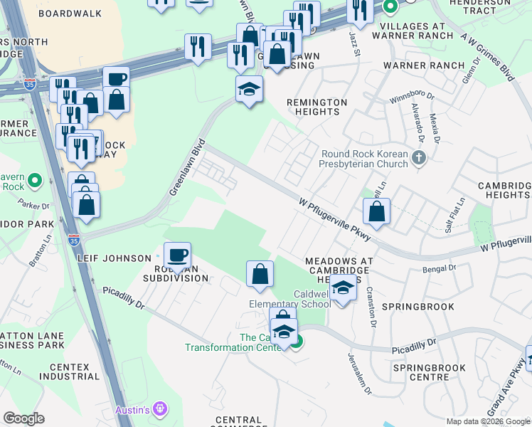 map of restaurants, bars, coffee shops, grocery stores, and more near 2209 West Pflugerville Parkway in Pflugerville