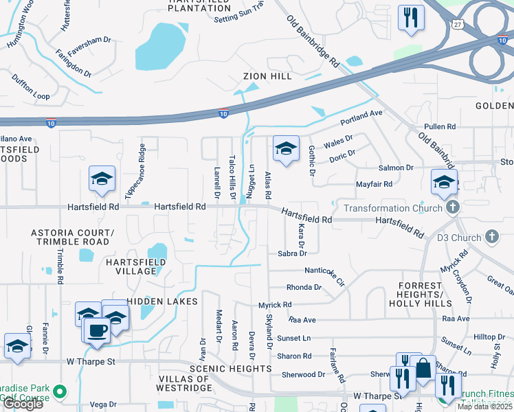 map of restaurants, bars, coffee shops, grocery stores, and more near Hartsfield Rd & Wanda Ct in Tallahassee