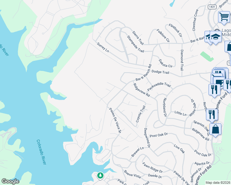 map of restaurants, bars, coffee shops, grocery stores, and more near 21526 Coyote Trail in Lago Vista