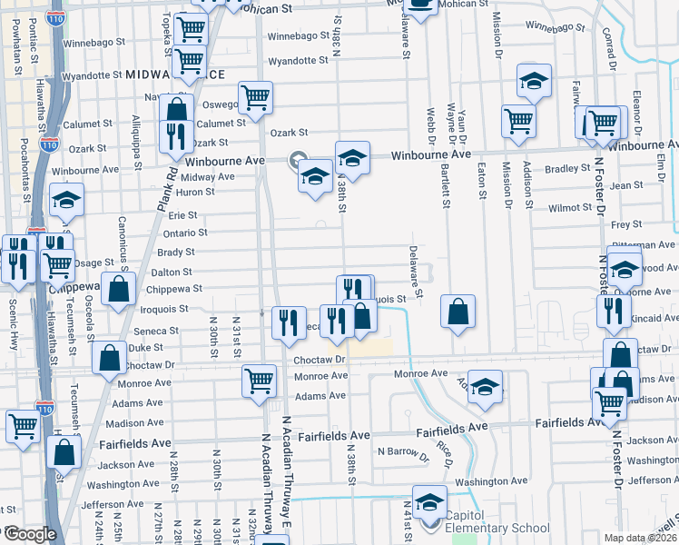 map of restaurants, bars, coffee shops, grocery stores, and more near 3630 Dalton Street in Baton Rouge