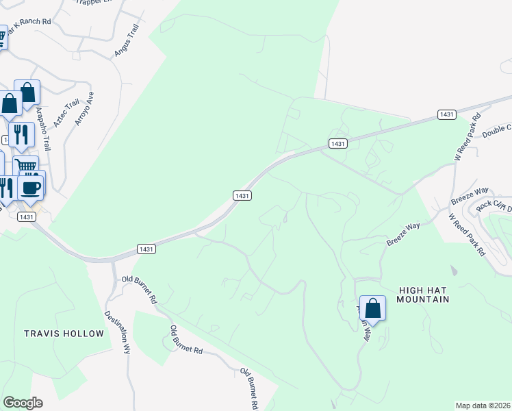 map of restaurants, bars, coffee shops, grocery stores, and more near 19705 Tyler Trail in Leander