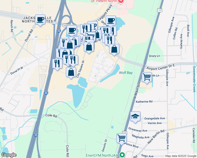map of restaurants, bars, coffee shops, grocery stores, and more near 13000 Broxton Bay Drive in Jacksonville