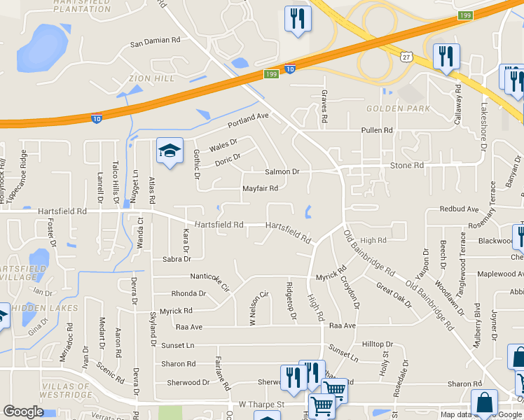 map of restaurants, bars, coffee shops, grocery stores, and more near 1901 Maymeadow Lane in Tallahassee