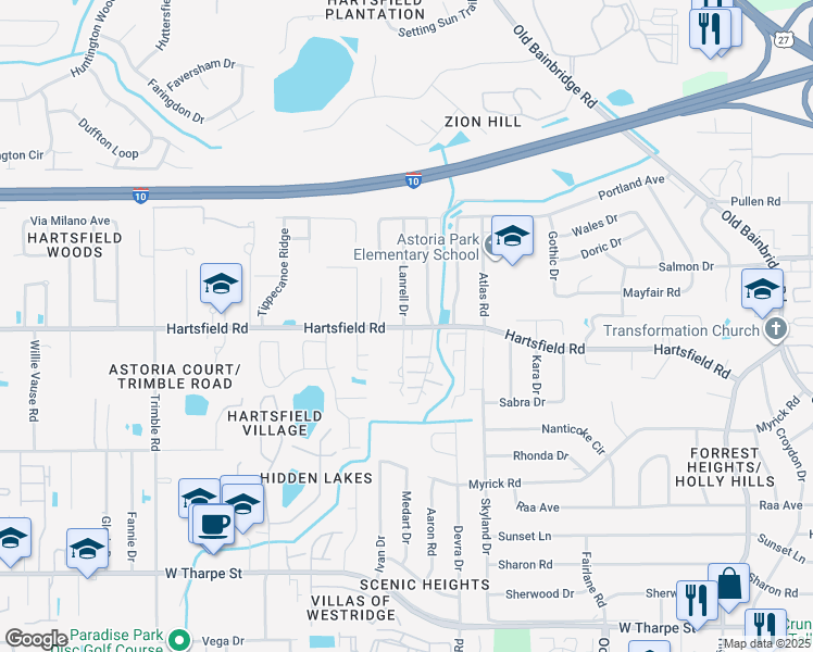 map of restaurants, bars, coffee shops, grocery stores, and more near 2402 Talco Hills Drive in Tallahassee