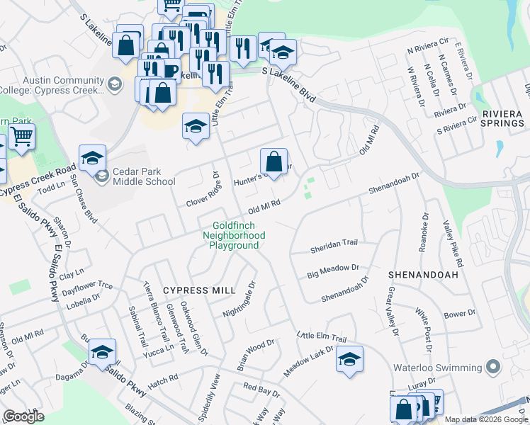 map of restaurants, bars, coffee shops, grocery stores, and more near 1010 Old Mill Road in Cedar Park