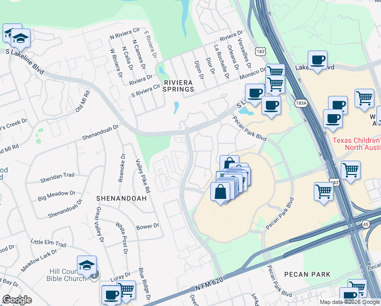 map of restaurants, bars, coffee shops, grocery stores, and more near 13011 Ridgeline Boulevard in Cedar Park