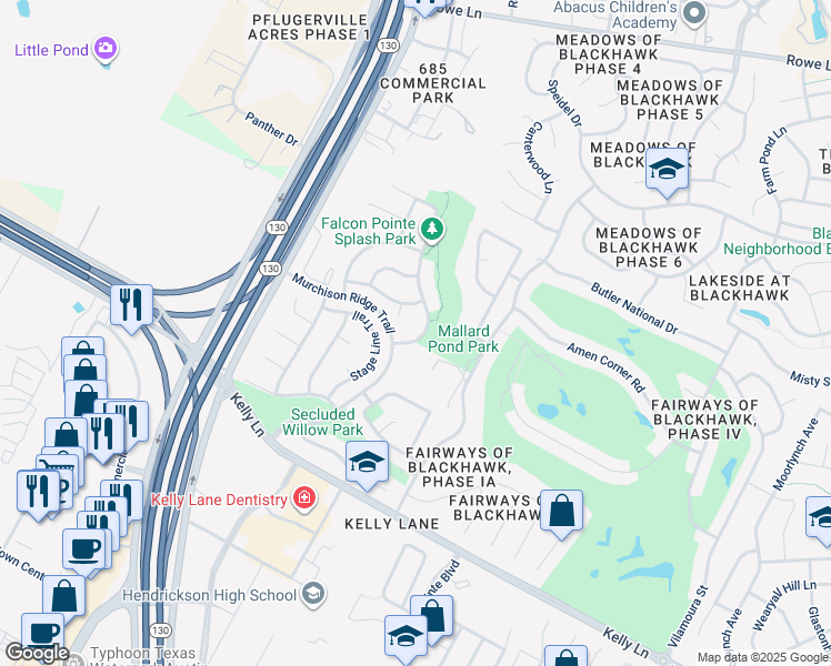 map of restaurants, bars, coffee shops, grocery stores, and more near 2112 Tranquility Lane in Pflugerville
