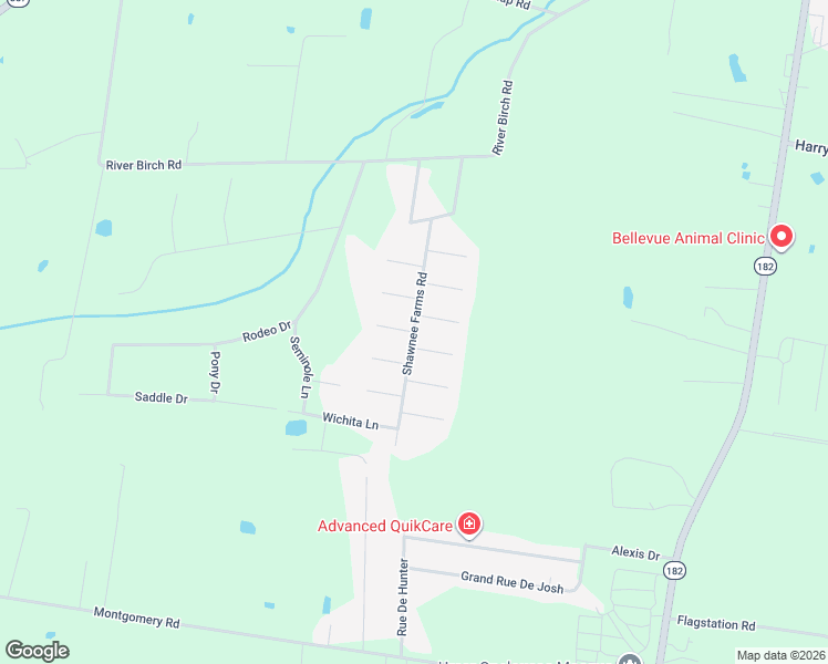 map of restaurants, bars, coffee shops, grocery stores, and more near Shawnee Farms Road in Opelousas