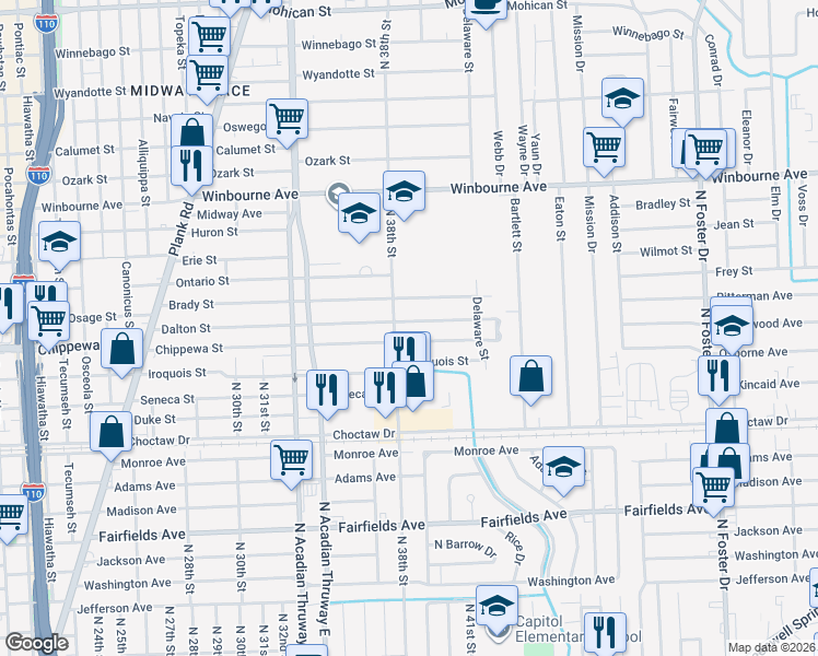 map of restaurants, bars, coffee shops, grocery stores, and more near 3834 Dalton Street in Baton Rouge