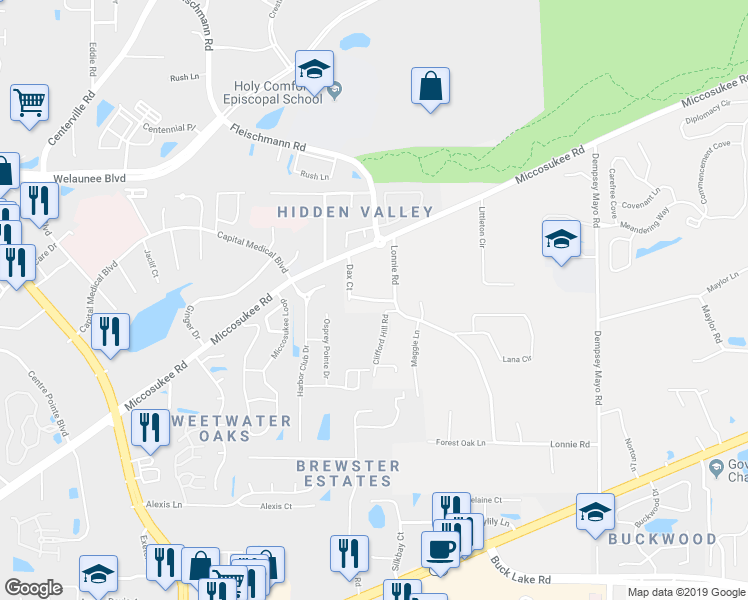 map of restaurants, bars, coffee shops, grocery stores, and more near 3485 Torchmark Lane in Tallahassee