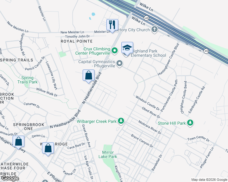 map of restaurants, bars, coffee shops, grocery stores, and more near 320 Cane River Road in Pflugerville