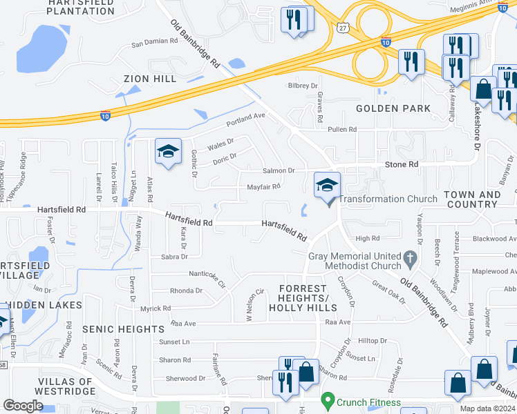 map of restaurants, bars, coffee shops, grocery stores, and more near 2334 Sylvan Court in Tallahassee
