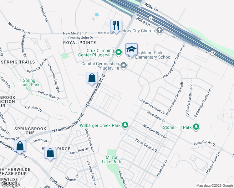 map of restaurants, bars, coffee shops, grocery stores, and more near 320 Cane River Road in Pflugerville
