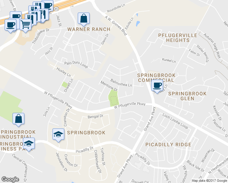 map of restaurants, bars, coffee shops, grocery stores, and more near 17514 Marfa Lights Trail in Round Rock