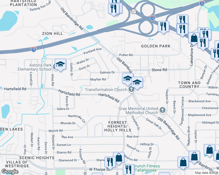 map of restaurants, bars, coffee shops, grocery stores, and more near 1827 Sylvan Court in Tallahassee